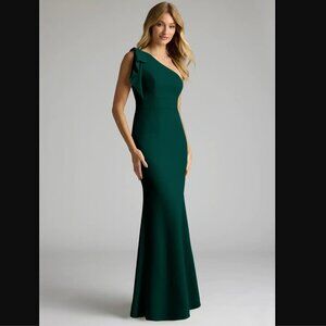NWT Azazie Rinna Dark Green Pine Mermaid One Shoulder Stretch Crepe Dress, 8